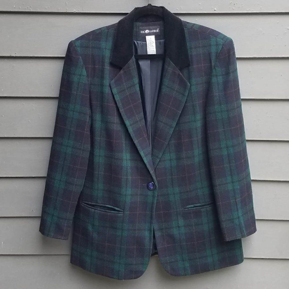 Classic Sag Harbor Blue Green Black Plaid Blazer size 10